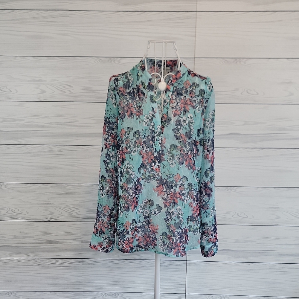 Kut from the Kloth Floral Chiffon Blouse - Blue & Pink Ling Sleeve Womens Size S